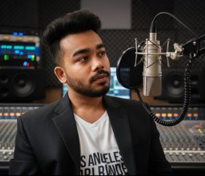 Portrait of Mr Akash in studio with a microphone in front
